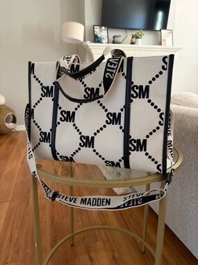 Steve Madden Black & White Logo Canvas Tote with Branded Strap